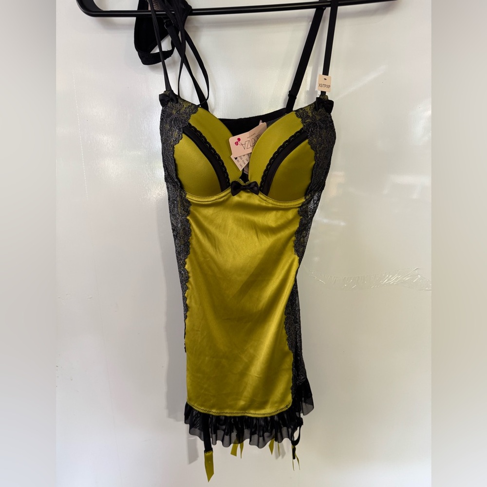 Green Satin Lingerie with Black Lace. La Senza